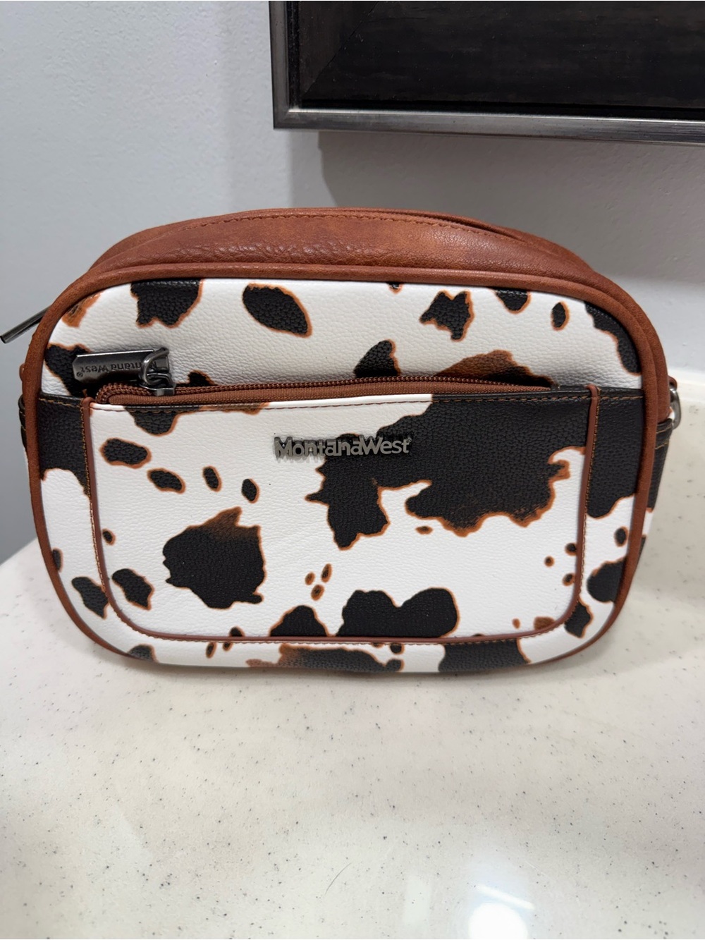 Montana West White Cowprint Crossbody Bag with Brown Trim